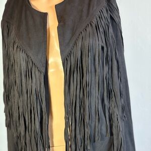 Faux Suede Leather Fringe Jacket Baccini Open Black Biker Western Rock Size Lge